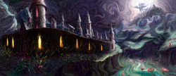 Size: 3057x1318 | Tagged: safe, artist:willhemtier, princess luna, g4, academy, castle, female, night, painting, scenery, solo