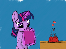 Size: 1280x950 | Tagged: safe, artist:dash4700, twilight sparkle, g4, beaker, clipboard, confused, female, magic, science, simple background, solo, telekinesis, thinking