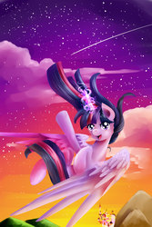 Size: 1000x1500 | Tagged: safe, artist:moeru789, twilight sparkle, alicorn, pony, g4, canterlot, female, flying, glowing horn, horn, magic, mare, shooting star, solo, stars, sunset, twilight sparkle (alicorn)