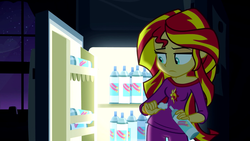 Size: 1280x720 | Tagged: safe, screencap, sunset shimmer, equestria girls, g4, my little pony equestria girls: rainbow rocks, clothes, female, off shoulder, pajamas, refrigerator, solo, whipped cream