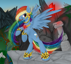 Size: 1024x931 | Tagged: safe, artist:santagiera, rainbow dash, pegasus, pony, g4, bipedal, element of loyalty, female, gold, mountain, pillar, solo, spread wings, wings