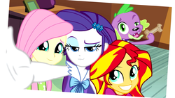 Size: 1280x720 | Tagged: safe, screencap, fluttershy, rarity, spike, sunset shimmer, dog, equestria girls, g4, my little pony equestria girls: rainbow rocks, clothes, female, male, pajamas, photobomb, selfie, spike the dog