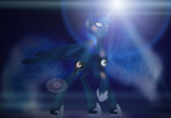 Size: 1156x800 | Tagged: safe, artist:platinumpoinsetta, princess luna, g4, female, glowing horn, horn, solo