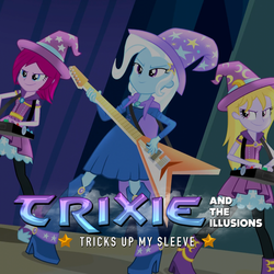 Size: 1200x1200 | Tagged: safe, edit, edited screencap, screencap, fuchsia blush, lavender lace, trixie, equestria girls, g4, my little pony equestria girls: rainbow rocks, background human, cover, female, tricks up my sleeve, trixie and the illusions