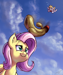 Size: 1250x1500 | Tagged: safe, artist:tadashi--kun, derpy hooves, fluttershy, pegasus, pony, g4, cactus, chest fluff, cloud, cloudy, ear fluff, falling, female, mare, motion blur, oblivious, sky, this will end in pain, this will end in tears