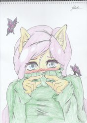 Size: 1280x1810 | Tagged: safe, artist:blitzshadowwind, fluttershy, anthro, g4, blushing, clothes, female, hiding, solo, sweatershy, traditional art