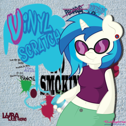 Size: 1296x1296 | Tagged: safe, artist:pinksaphires, dj pon-3, vinyl scratch, anthro, g4, belly button, female, midriff, solo