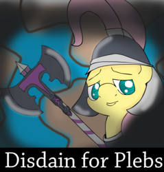 Size: 2142x2237 | Tagged: source needed, safe, artist:rainbowink, fluttershy, g4, axe, costanza face, costanza.jpg, disdain, disdain for plebs, fantasy class, female, high res, image macro, knight, meme, plebeian, plebs, solo, warrior