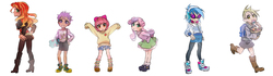Size: 2510x700 | Tagged: safe, artist:karashim, apple bloom, derpy hooves, dj pon-3, scootaloo, sunset shimmer, sweetie belle, vinyl scratch, human, g4, clothes, converse, cutie mark crusaders, female, humanized, pixiv, shoes, simple background, skirt, white background