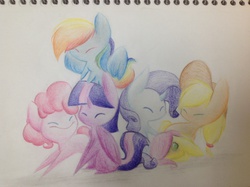 Size: 2592x1936 | Tagged: safe, artist:virtualsketcher, applejack, fluttershy, pinkie pie, rainbow dash, rarity, twilight sparkle, alicorn, pony, g4, chibi, cute, eyes closed, female, mane six, mare, traditional art, twilight sparkle (alicorn)