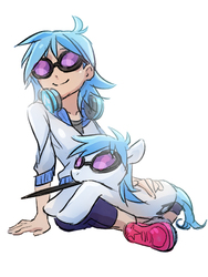 Size: 375x500 | Tagged: safe, artist:karashim, dj pon-3, vinyl scratch, human, pony, g4, clothes, cuddling, cute, female, glasses, headphones, human ponidox, humanized, leaning, mouth hold, pixiv, prone, shoes, simple background, sitting, smiling, snuggling, solo, vinylbetes, white background