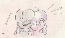 Size: 1075x634 | Tagged: safe, artist:slightlyshade, diamond tiara, silver spoon, g4, female, glasses, kissing, lesbian, ship:silvertiara, shipping, traditional art