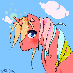 Size: 300x300 | Tagged: safe, artist:gatasombra, pinwheel, pony, unicorn, g1, bust, female, oekaki, rainbow ponies, solo