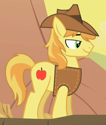 Size: 422x498 | Tagged: safe, screencap, braeburn, earth pony, pony, g4, over a barrel, clothes, cropped, desert, hat, lidded eyes, male, smiling, solo, stallion, vest