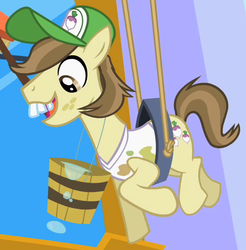 Size: 529x538 | Tagged: safe, screencap, hayseed turnip truck, earth pony, pony, g4, sweet and elite, baseball cap, bucket, bucktooth, clothes, cropped, hat, male, shirt, solo, stallion, t-shirt