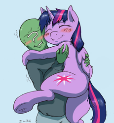 Size: 845x915 | Tagged: safe, artist:i am nude, twilight sparkle, oc, oc:anon, alicorn, human, pony, g4, /mlp/, :o, :t, blushing, cuddling, cute, duo, eyes closed, female, grin, holding a pony, hug, human on pony snuggling, human shoulders, mare, nuzzling, shivering, smiling, snuggling, sweat, twiabetes, twilight sparkle (alicorn), underhoof