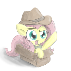 Size: 700x700 | Tagged: safe, artist:deadlycomics, fluttershy, pegasus, pony, g4, box, cardboard box, clothes, cute, explorer outfit, fedora, female, hat, open mouth, pointing, pony in a box, raised eyebrow, raised hoof, shirt, shyabetes, simple background, solo, white background
