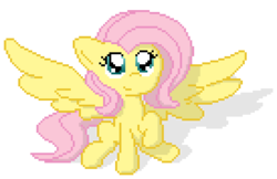 Size: 548x356 | Tagged: safe, artist:deadlycomics, fluttershy, pegasus, pony, g4, female, looking up, mare, pixel art, raised hoof, simple background, sitting, smiling, solo, spread wings, transparent background, wings
