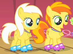Size: 579x423 | Tagged: safe, screencap, peachy pie, sunny daze, earth pony, pony, g4, the show stoppers, background pony, cropped, duo focus, female, filly, medal, roller skates