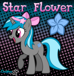 Size: 881x906 | Tagged: safe, artist:kibbiethegreat, oc, oc only, oc:star flower, pony, unicorn, g4, bow, female, full body, hair bow, hooves, horn, mare, open mouth, open smile, raised hoof, show accurate, smiling, solo, standing, tail, two toned mane, two toned tail, unicorn oc