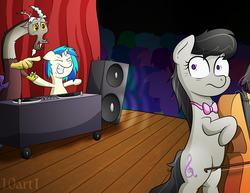 Size: 3300x2550 | Tagged: safe, artist:10art1, discord, dj pon-3, octavia melody, vinyl scratch, g4, cello, concert, female, high res, lesbian, musical instrument, ship:scratchtavia, shipping, turntable