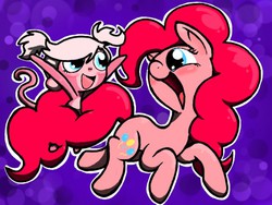 Size: 512x386 | Tagged: safe, artist:amberlea-draws, pinkie pie, earth pony, monkey, pony, g4, crossover, duo, duo female, female, littlest pet shop, mare, minka mark, open mouth, open smile, smiling