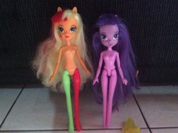 Size: 2592x1936 | Tagged: safe, applejack, twilight sparkle, equestria girls, g4, comparison, doll, female, irl, photo, toy