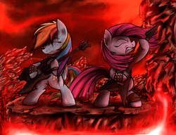 Size: 3000x2300 | Tagged: safe, artist:heavymetalbronyyeah, pinkie pie, rainbow dash, earth pony, pegasus, pony, g4, b.c. rich, bipedal, duo, electric guitar, eyes closed, female, flying v, guitar, high res, mare, metal, musical instrument, pentagram, pinkamena diane pie, spiked wristband, wristband