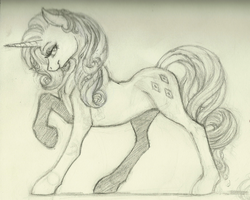 Size: 1381x1103 | Tagged: safe, artist:skybounddeos, rarity, g4, female, monochrome, raised hoof, sketch, smiling, solo, traditional art