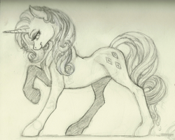 Size: 1381x1103 | Tagged: safe, artist:skybounddeos, rarity, pony, unicorn, g4, female, horn, mare, monochrome, raised hoof, sketch, smiling, solo, traditional art