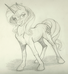 Size: 1318x1428 | Tagged: safe, artist:skybounddeos, sunset shimmer, pony, unicorn, g4, female, monochrome, sketch, solo, traditional art
