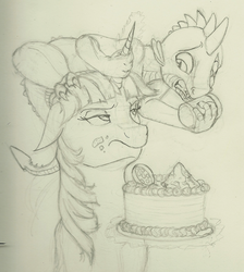 Size: 1192x1330 | Tagged: safe, artist:skybounddeos, spike, twilight sparkle, dragon, pony, g4, cake, dragon hat, dragons riding ponies, floppy ears, levitation, monochrome, pony hat, riding, sketch, spike riding twilight, sprinkles, traditional art, twilight sparkle is not amused, unamused