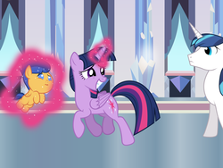 Size: 1024x768 | Tagged: safe, artist:rulette, flash sentry, shining armor, twilight sparkle, alicorn, pony, g4, age regression, baby, baby pony, colt, diasentres, female, magic, mare, twilight sparkle (alicorn)