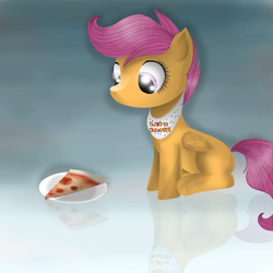 Size: 900x900 | Tagged: safe, artist:chanceyb, scootaloo, pegasus, pony, g4, chica, female, five nights at freddy's, food, meat, pepperoni, pepperoni pizza, pizza, solo