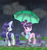 Size: 900x950 | Tagged: safe, artist:chanceyb, rarity, suri polomare, earth pony, pony, unicorn, g4, duo, female, generosity, magic, puddle, rain, raised hoof, telekinesis, umbrella, wet, wet mane