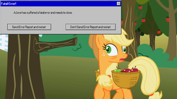 Size: 580x325 | Tagged: safe, edit, edited screencap, screencap, applejack, applebuck season, g4, derp, error message, female, funny, joke, mare, message box, solo, up all night