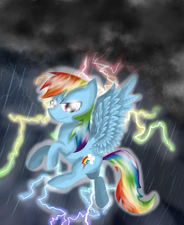 Size: 900x1100 | Tagged: safe, artist:chanceyb, rainbow dash, pegasus, pony, g4, glowing, lightning, rain, solo