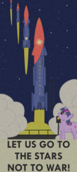 Size: 598x1337 | Tagged: safe, artist:thefieldsofice, twilight sparkle, pony, unicorn, fallout equestria, g4, emblem, fanfic, fanfic art, female, hooves, horn, mare, ministry mares, ministry of arcane sciences, poster, propaganda, smiling, solo, soviet, spaceship, text