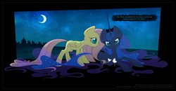 Size: 1279x667 | Tagged: safe, artist:autumndeer, fluttershy, princess luna, butterfly, g4, crescent moon, dialogue, female, lesbian, moon, night, prone, ship:lunashy, shipping, smiling, spanish, watching