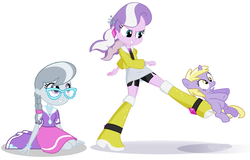 Size: 1486x949 | Tagged: safe, edit, diamond tiara, dinky hooves, silver spoon, equestria girls, g4, abuse, dinkybuse, female, filly, foal, humans superior ponies inferior, kicking