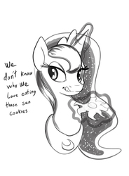 Size: 500x679 | Tagged: safe, artist:tsitra360, princess luna, g4, cookie, eating, female, licking lips, monochrome, solo