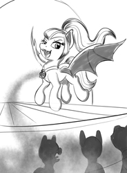 Size: 500x679 | Tagged: safe, artist:tsitra360, sonata dusk, bat pony, pony, g4, bat ponified, batnata, disguise, disguised siren, equestria girls ponified, female, flying, gem, mare, monochrome, ponified, race swap, singing, siren gem, solo