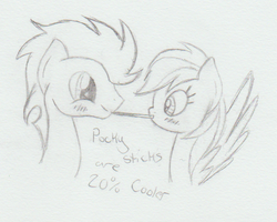 Size: 639x511 | Tagged: safe, artist:rainbowdash212, rainbow dash, soarin', g4, blushing, female, male, pocky, ship:soarindash, shipping, straight, traditional art