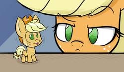 Size: 1200x700 | Tagged: safe, artist:heir-of-rick, applejack, earth pony, pony, daily apple pony, g4, appletini, bobblehead, female, frown, raised eyebrow, silly, silly pony, tongue out, toy, unamused