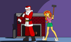 Size: 3400x2008 | Tagged: safe, artist:g-munz, sunset shimmer, equestria girls, g4, bunny slippers, chimney, clothes, fanfic art, fanfic cover, hammer, high res, santa claus, sledgehammer, slippers, this will end in tears