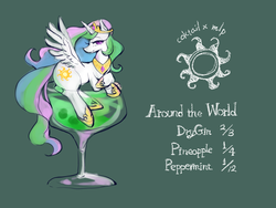 Size: 1000x750 | Tagged: safe, artist:wan, princess celestia, alicorn, pony, g4, alcohol, cocktail, crown, cup of pony, female, horseshoes, jewelry, mare, micro, peytral, recipe, regalia, solo