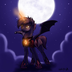 Size: 800x800 | Tagged: safe, artist:the-blackeye, oc, oc only, oc:violet inferno, alicorn, bat pony, bat pony alicorn, pony, alicorn oc, armor, cloud, cloudy, fantasy class, female, frown, full moon, glare, glowing horn, horn, knight, magic, mare, moon, night, night guard, solo, spread wings, warrior