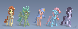 Size: 1800x673 | Tagged: safe, artist:assasinmonkey, oc, oc only, earth pony, pegasus, pony, unicorn, first contact war, blue background, braid, braided tail, female, flower, flower in hair, freckles, jewelry, mare, necklace, piebald coat, simple background