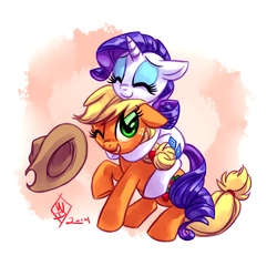 Size: 1200x1150 | Tagged: safe, artist:whitediamonds, applejack, rarity, earth pony, pony, unicorn, rarijack daily, g4, applejack's hat, cowboy hat, cute, duo, duo female, eyes closed, female, hat, lesbian, mare, one eye closed, ponies riding ponies, rarity riding applejack, riding, ship:rarijack, shipping, wink