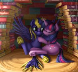 Size: 1753x1616 | Tagged: safe, artist:neko-me, twilight sparkle, oc, oc:zephyr, alicorn, pegasus, pony, g4, blushing, book, book fort, butt, canon x oc, duo, eyes closed, female, hug, kissing, male, mare, on side, plot, shipping, smiling, spread wings, straight, twilight sparkle (alicorn), twiphyr, underhoof, unshorn fetlocks